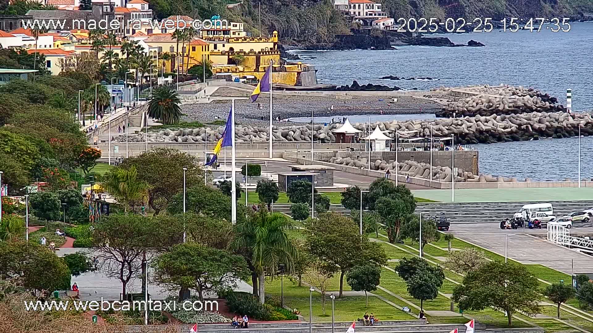 A seaside park with lush green lawns, palm trees, and a paved area next to a rocky coastline under a partly sunny sky.