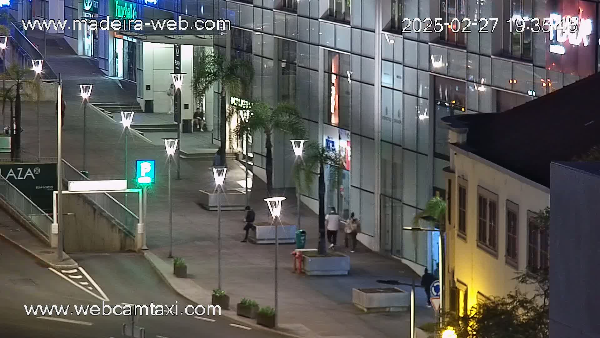 A nighttime street scene shows a pedestrian walkway lined with lamps and palm trees in front of a modern glass building and an older yellow building.