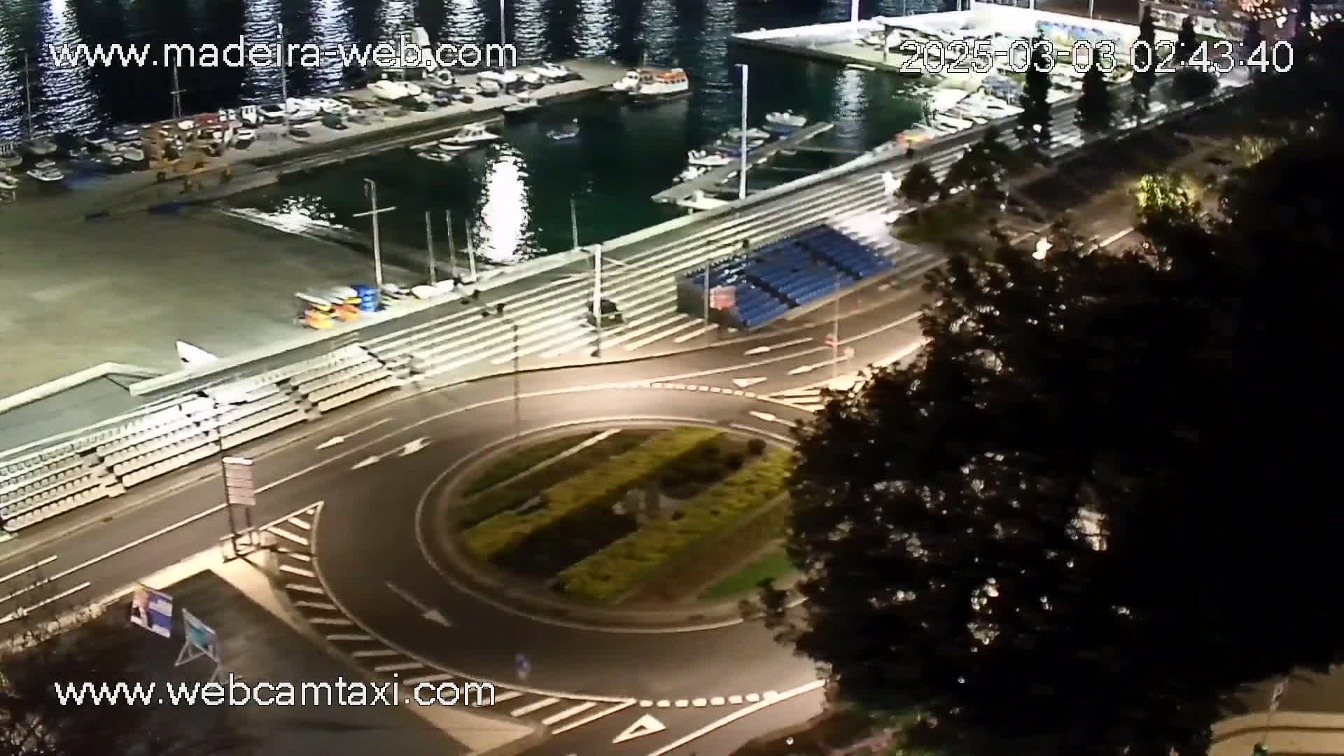 An aerial nighttime view of a harbor with boats docked, a circular road, bleachers, and a large tree.