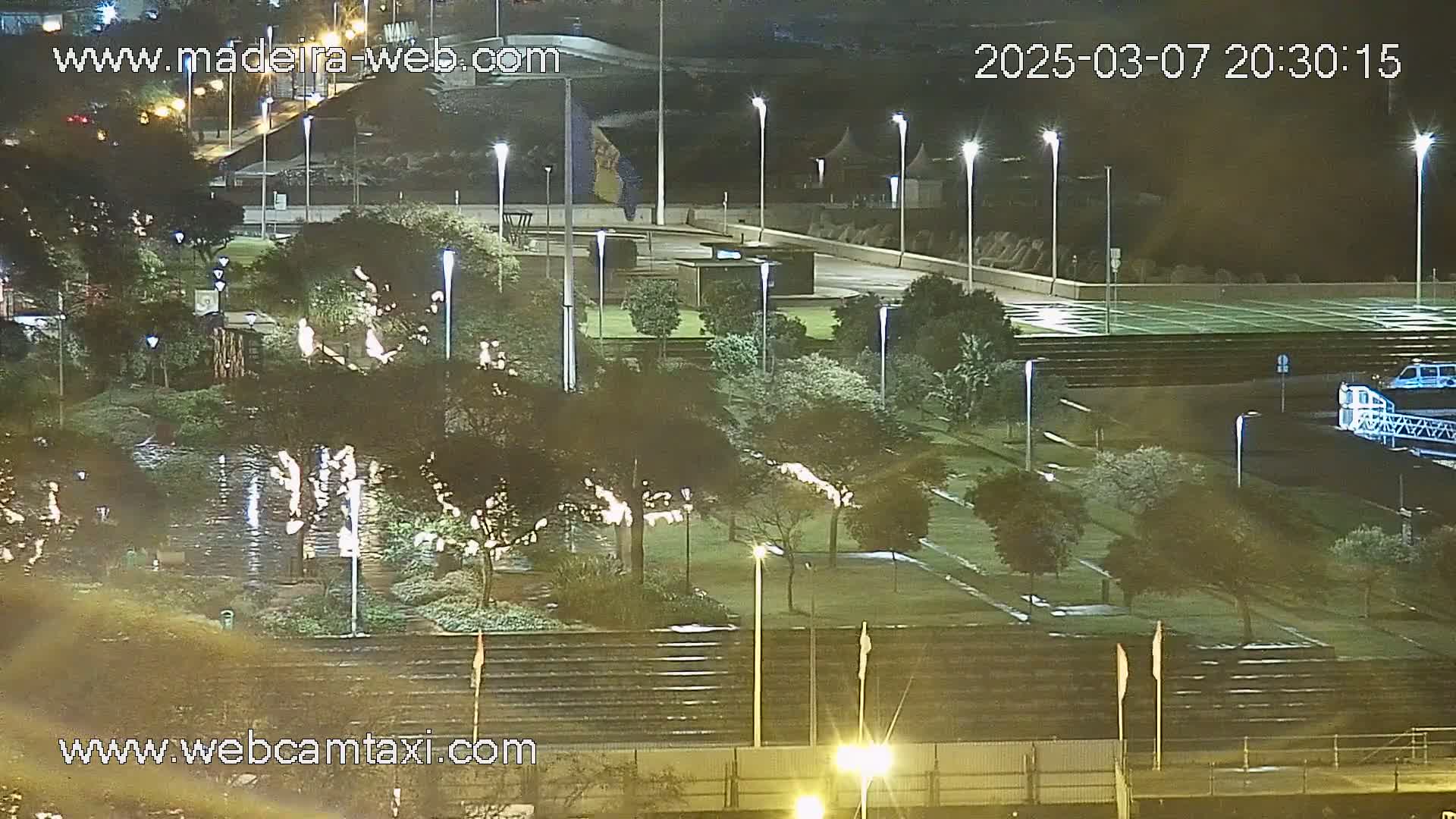A nighttime, wet view of a park-like area with many trees and lights, near a road and parking lot.
