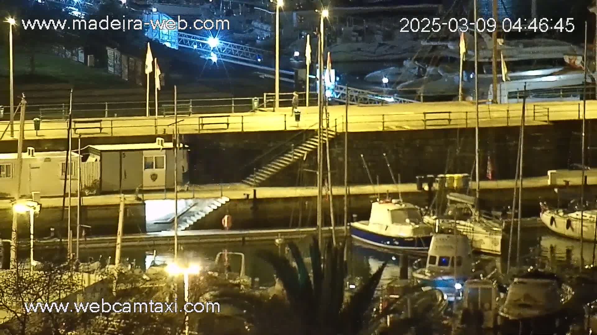 A nighttime view of a marina with several boats docked, stairs leading down to the water, and small buildings along a wall.