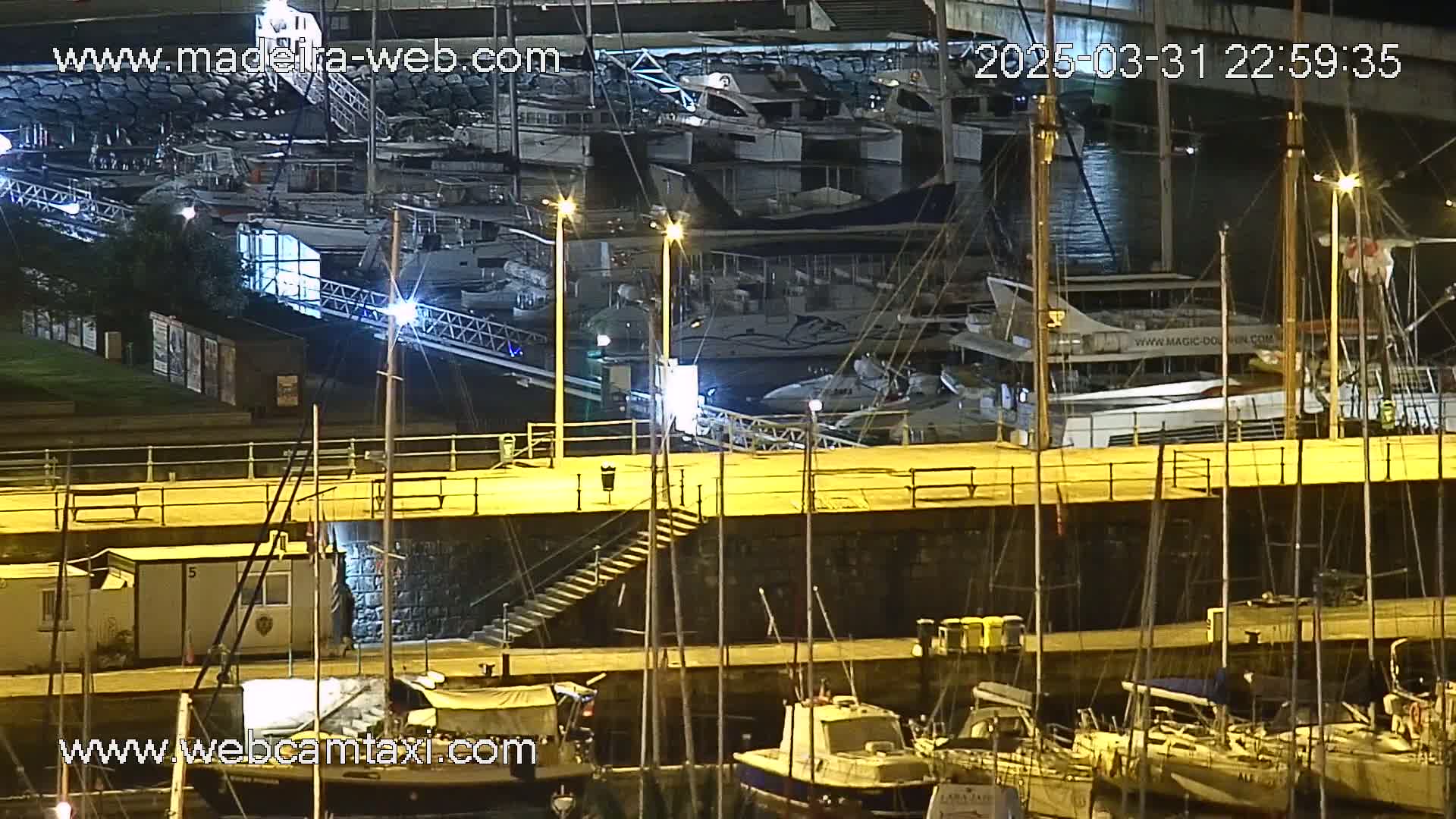 A nighttime view of a marina with numerous boats docked, illuminated by artificial lights under a clear sky.