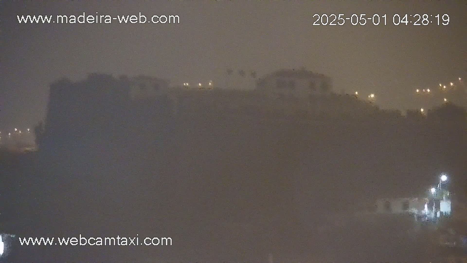 A dimly lit, foggy nighttime scene shows indistinct buildings and lights on a hillside.