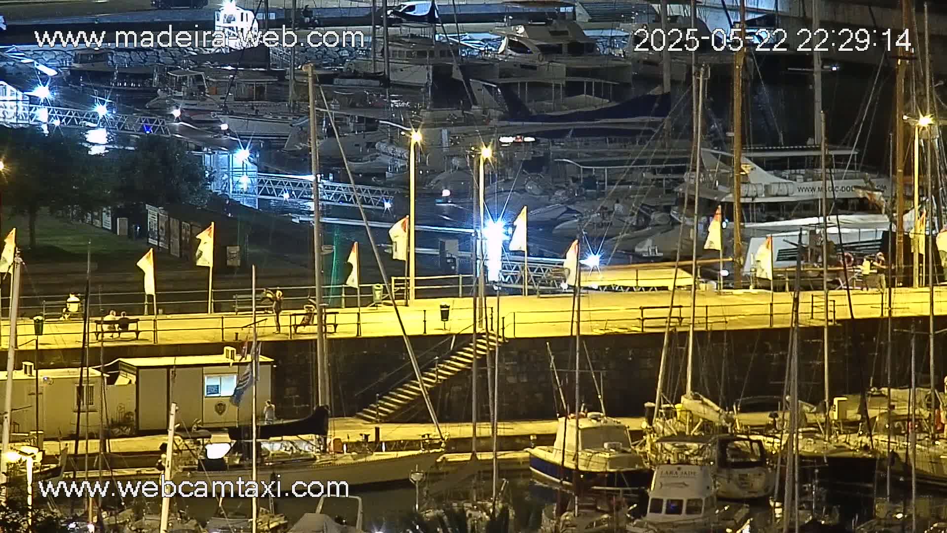 A nighttime view of a marina with many boats docked, illuminated by artificial lights, under clear skies.