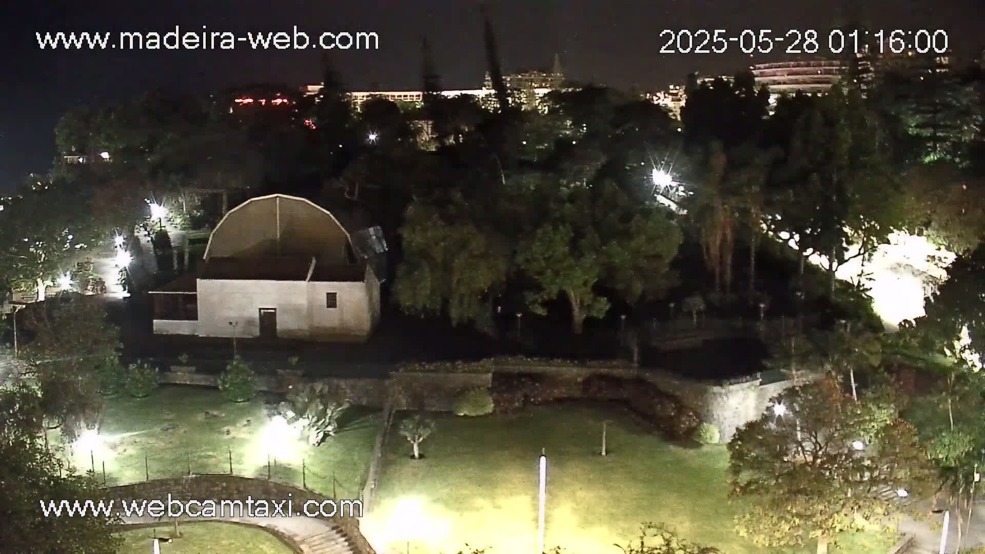 A nighttime view of a park with a white building, many trees, and lights illuminating the scene.