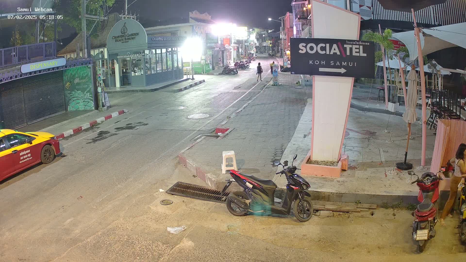 A nighttime street scene shows a mostly empty road with parked motorcycles, a yellow taxi, and a few pedestrians; outdoor seating areas are visible at the sides of the street.