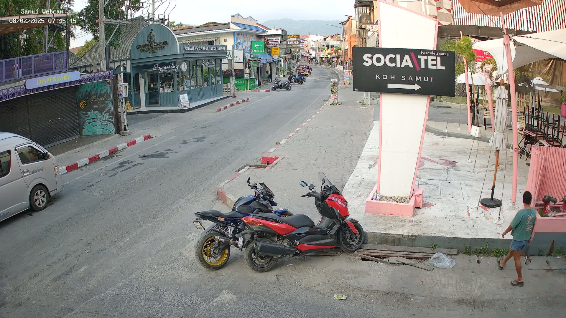 A street scene on a partly cloudy day shows parked motorcycles near a building with a pink sign, a van, and several other buildings and shops down a road with light traffic.