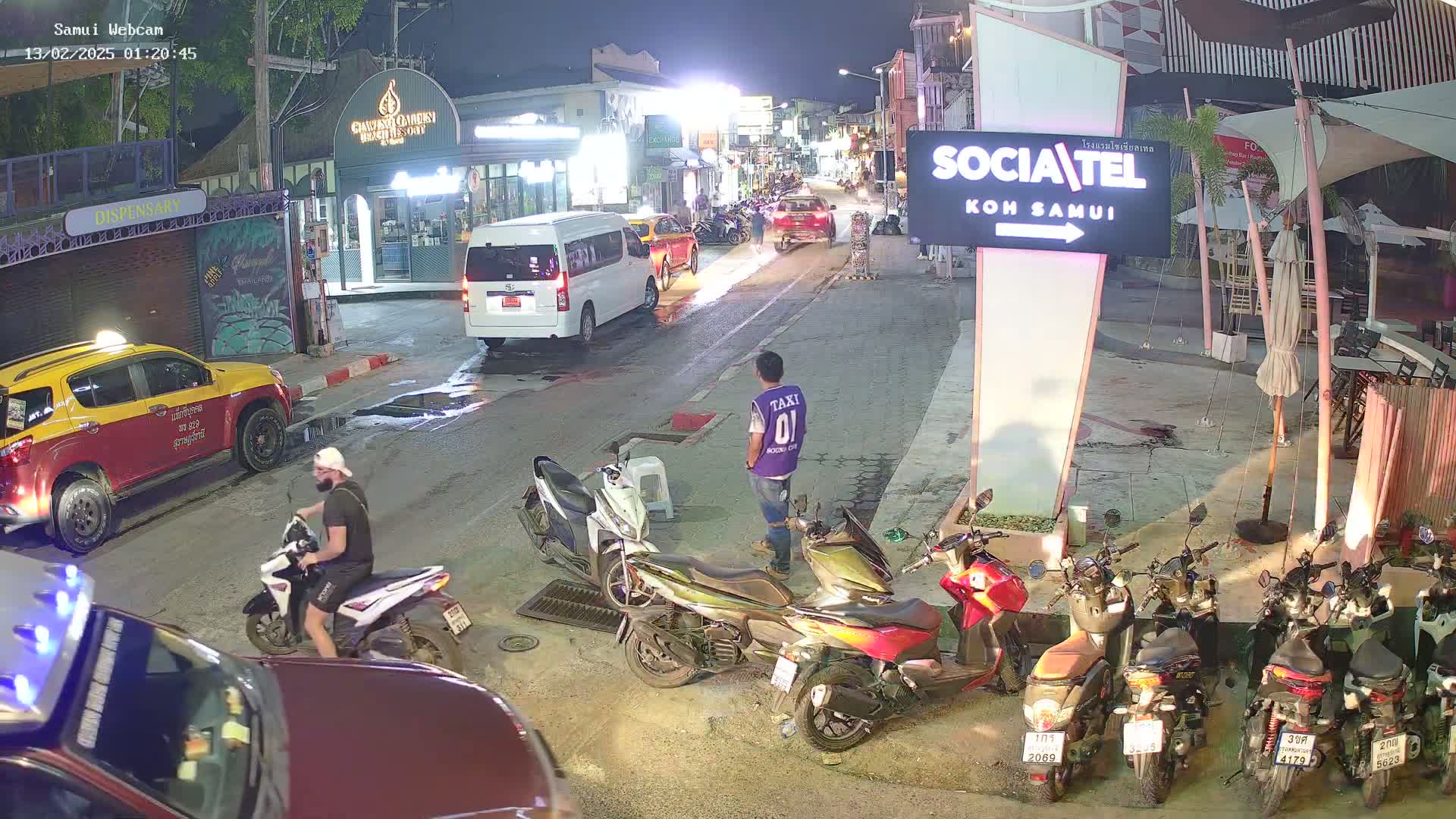 A nighttime street scene shows parked cars, motorcycles, and several people, with a van and taxi visible in the background.