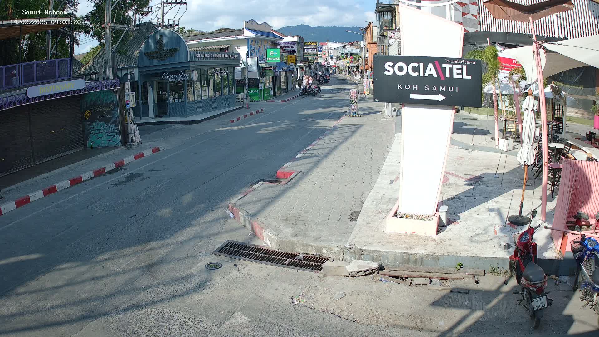 A sunny street scene shows a mostly empty road lined with shops and businesses, with a few pedestrians and motorbikes visible.