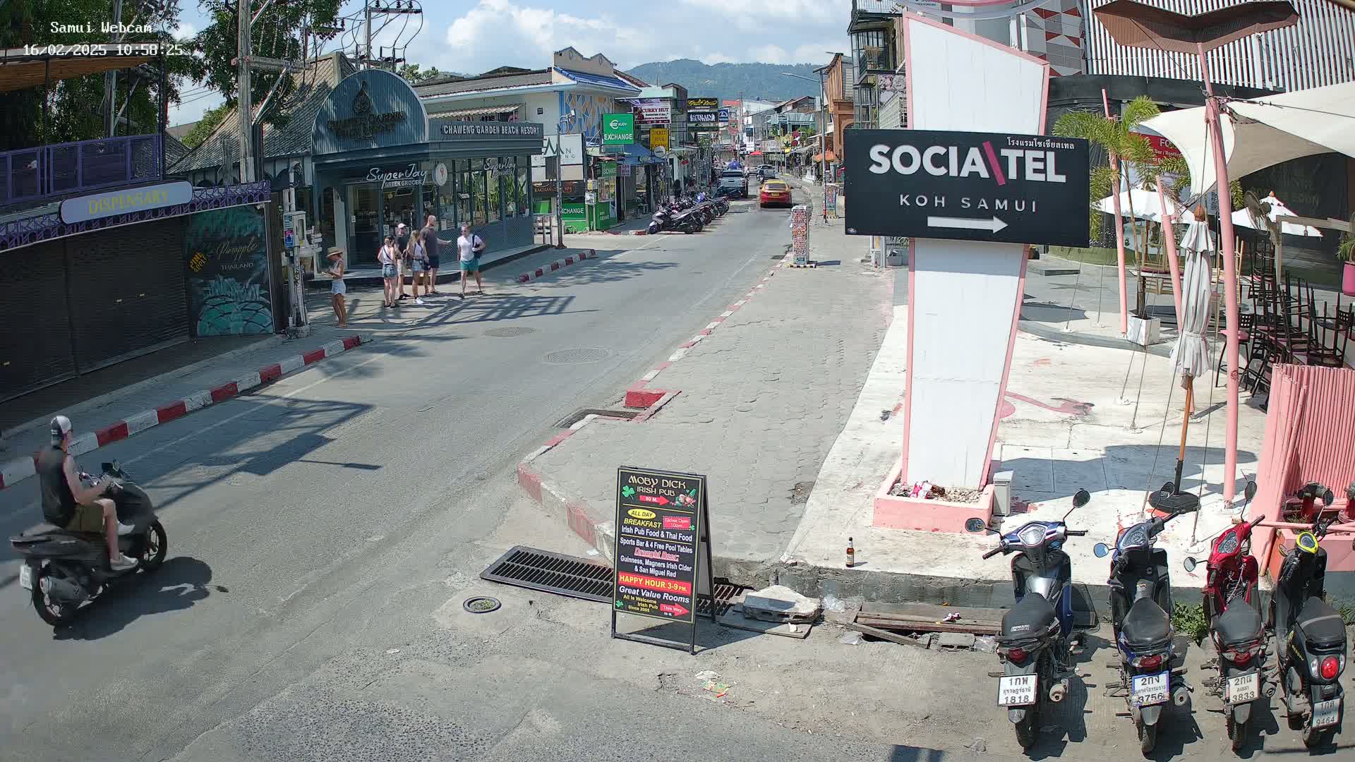 A sunny street scene shows several pedestrians and a motorcyclist on a roadway lined with shops and parked motorbikes, under a mostly clear sky.