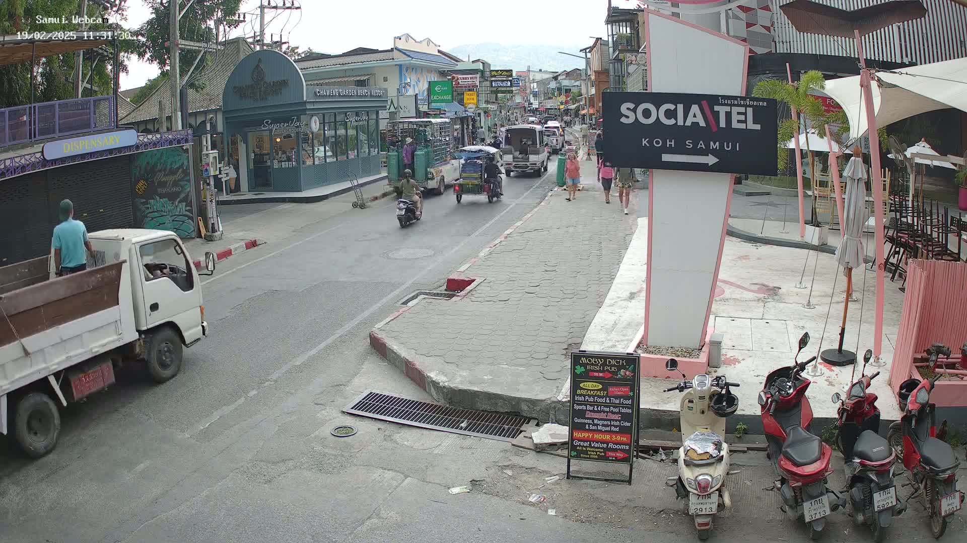 A street scene on a partly cloudy day shows a road with various vehicles including motorbikes, trucks, and cars, alongside shops and pedestrians.