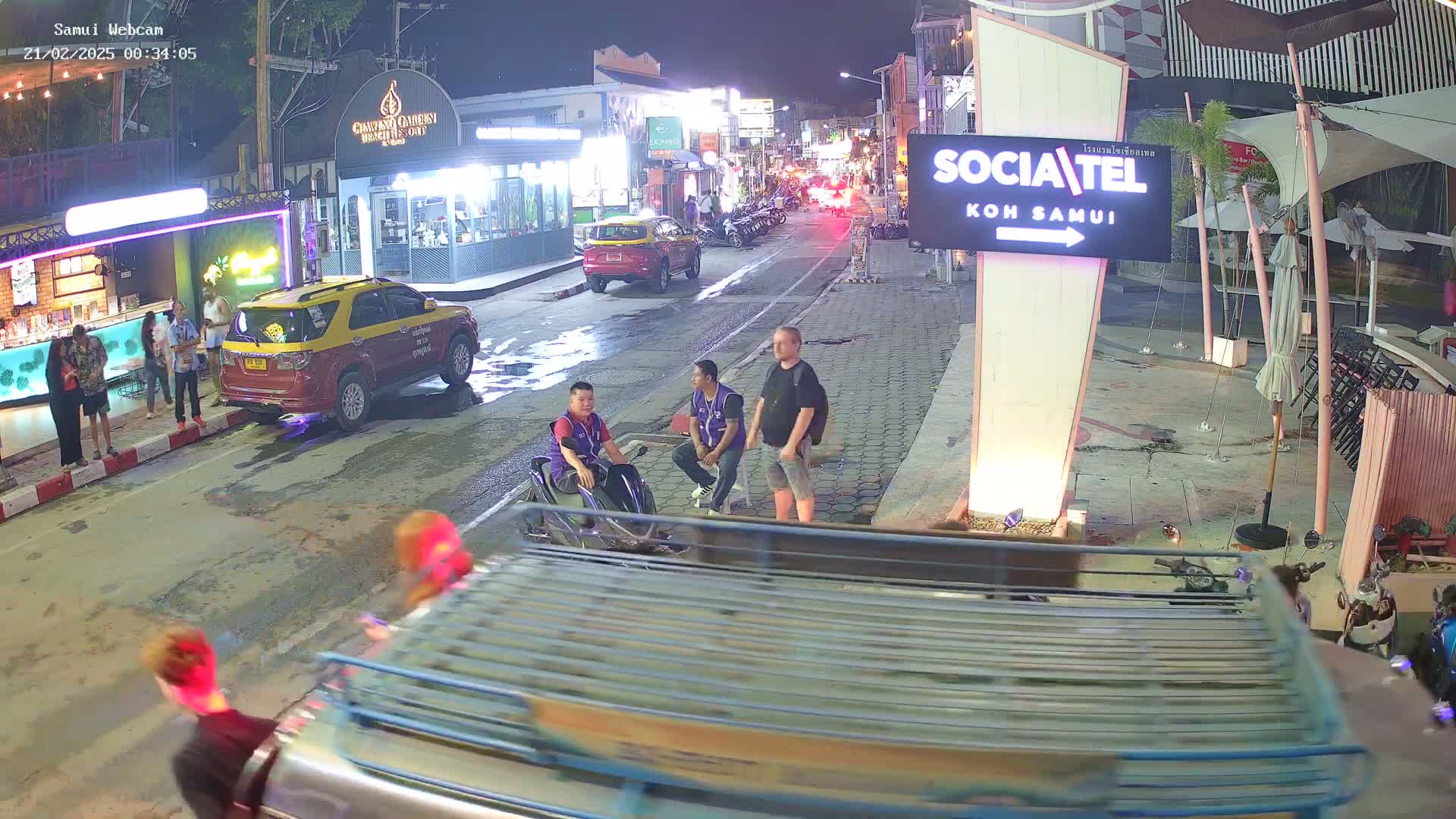 A nighttime street scene shows several people standing and sitting near parked vehicles and businesses, with wet pavement indicating recent rain.