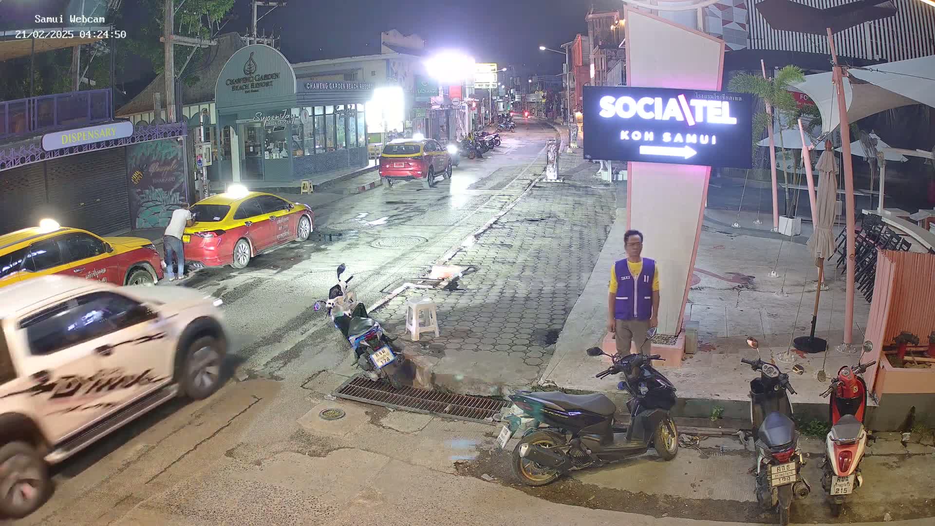 A nighttime street scene shows several parked cars and scooters, a person standing near a sign, and a man walking near taxis.