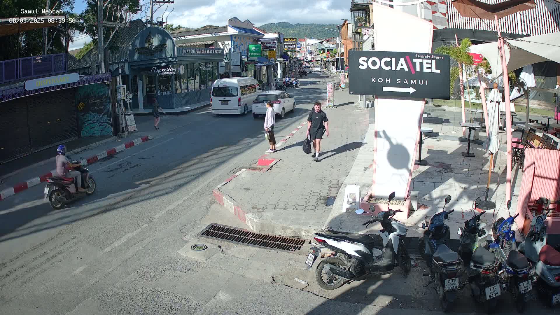 A sunny street scene shows pedestrians and motorcyclists navigating a roadway lined with shops and parked scooters, under a mostly clear sky.