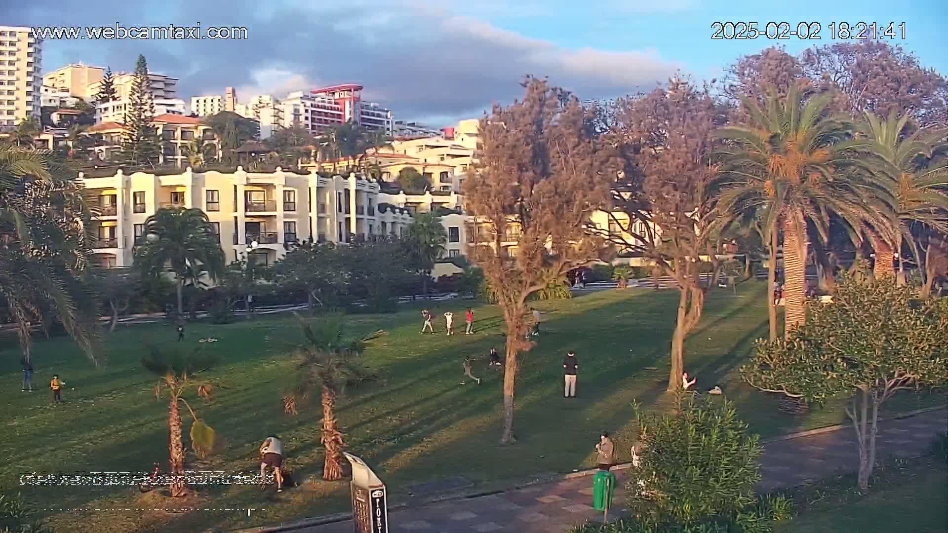 A grassy park with several people, palm trees, and other vegetation, situated in front of a multi-story building complex under a partly cloudy sky.