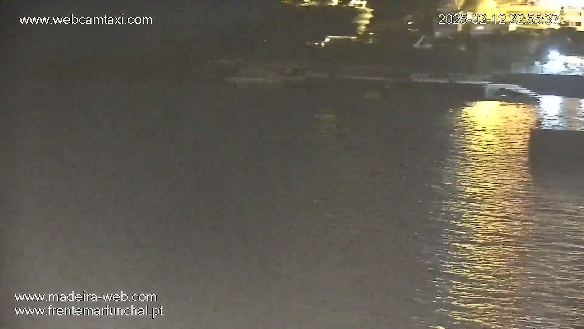 A nighttime view of calm water reflecting lights from a nearby shore.