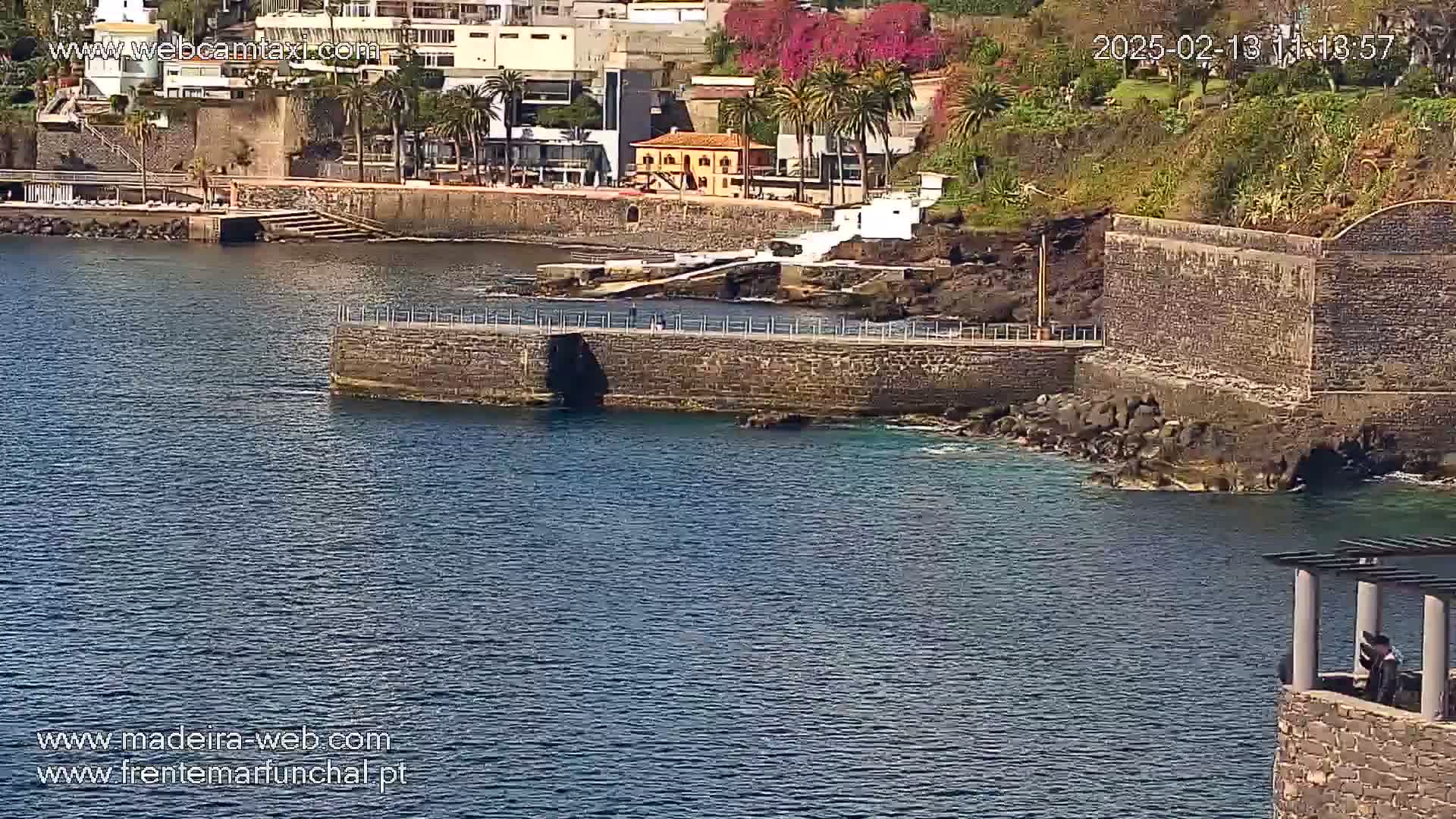 A stone seawall and walkway extend into a calm, dark-blue body of water next to a town with buildings and palm trees under a sunny sky.