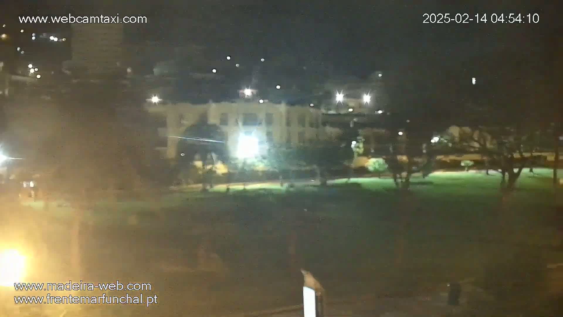 A nighttime view of a park with a building and trees, illuminated by artificial lights under a clear sky.