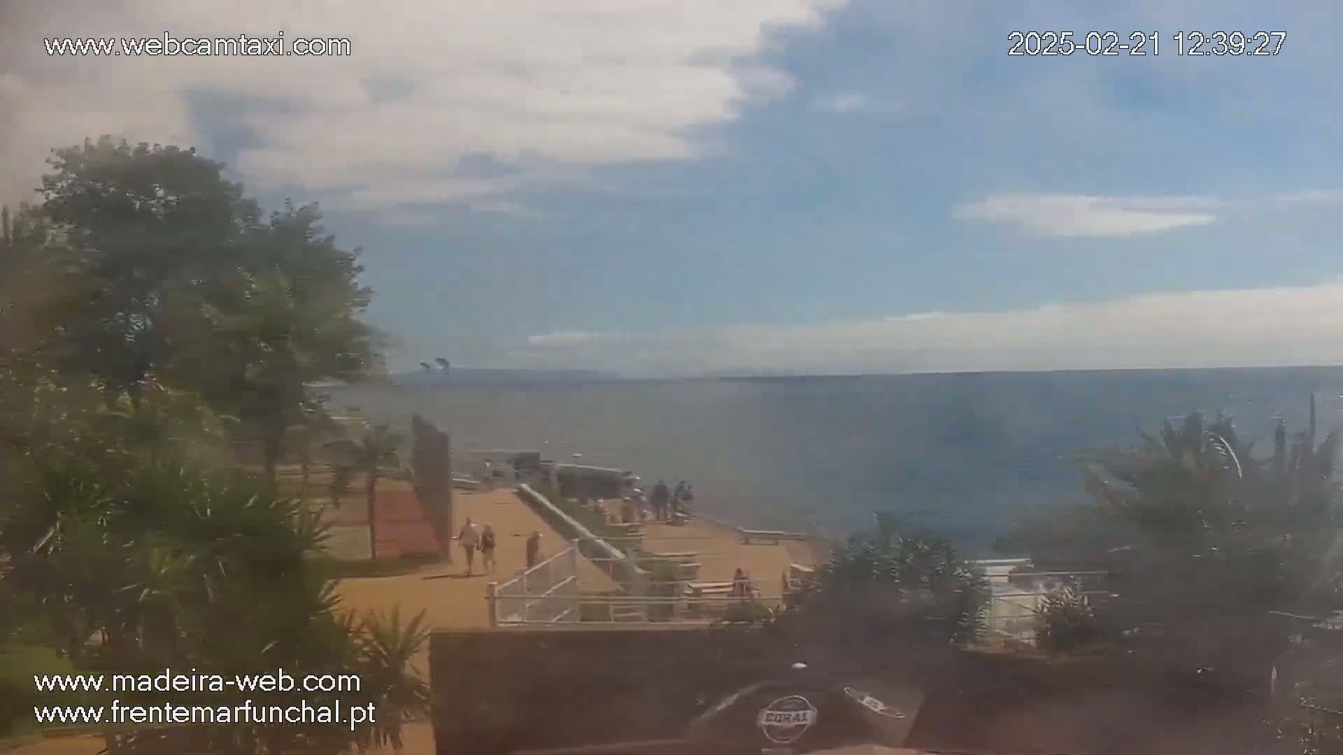 A partly cloudy day reveals a calm ocean with people gathered on a coastal walkway and beach area, partially obscured by vegetation.