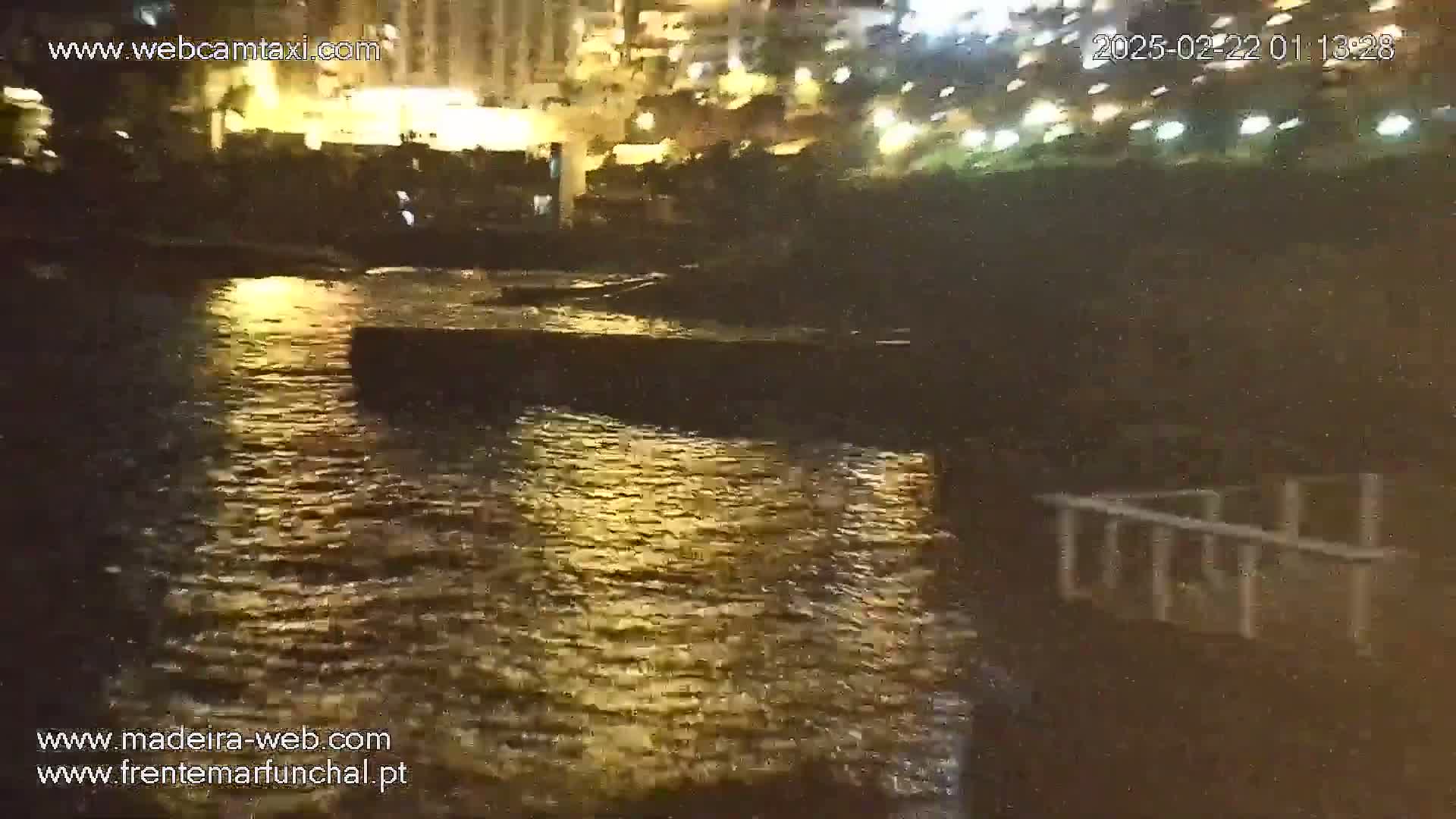Gently rippling water reflects the golden lights of a nearby nighttime cityscape.