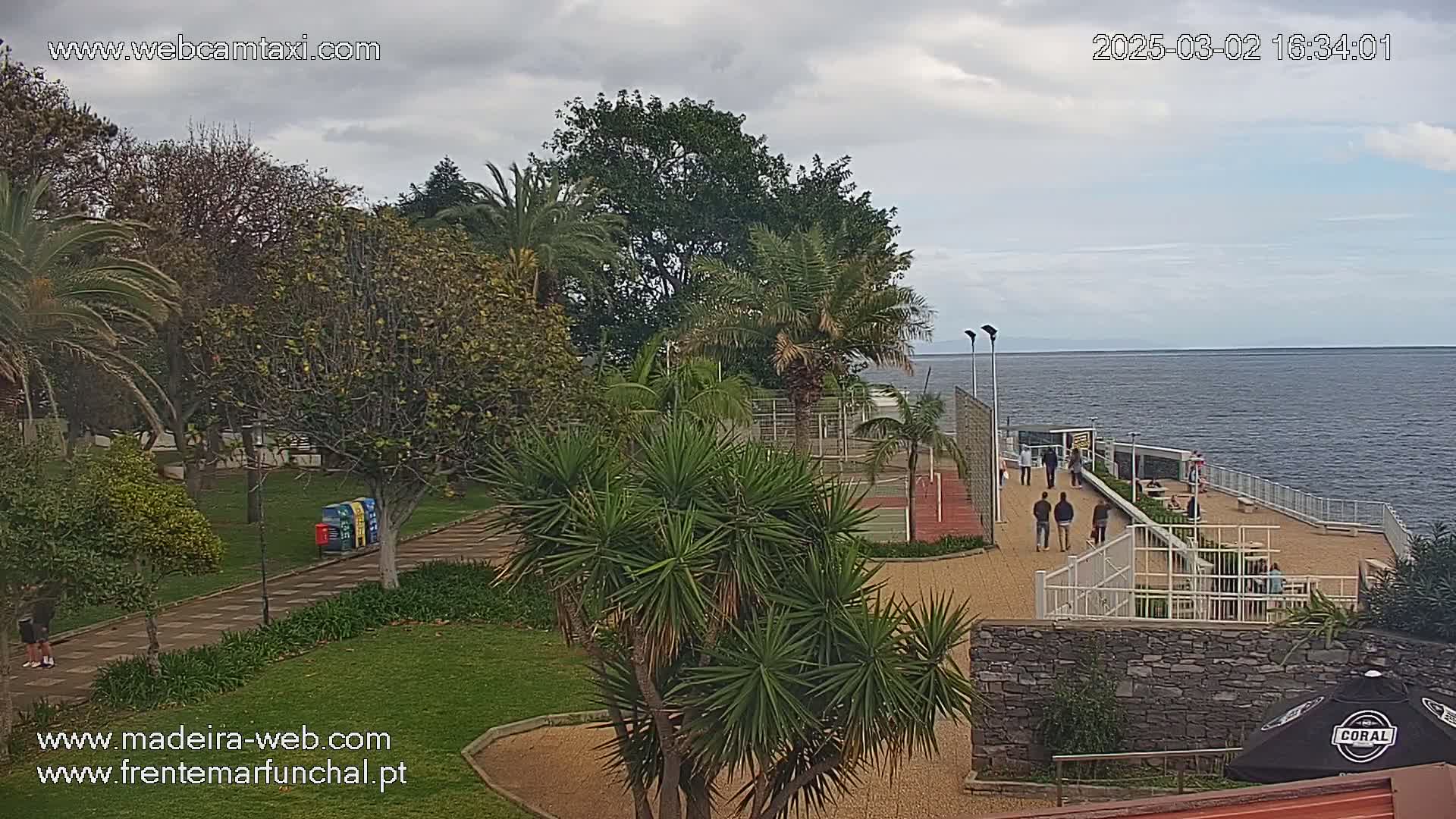 An outdoor scene shows a park with palm trees and a paved area leading to a waterfront walkway and calm ocean under a cloudy sky.