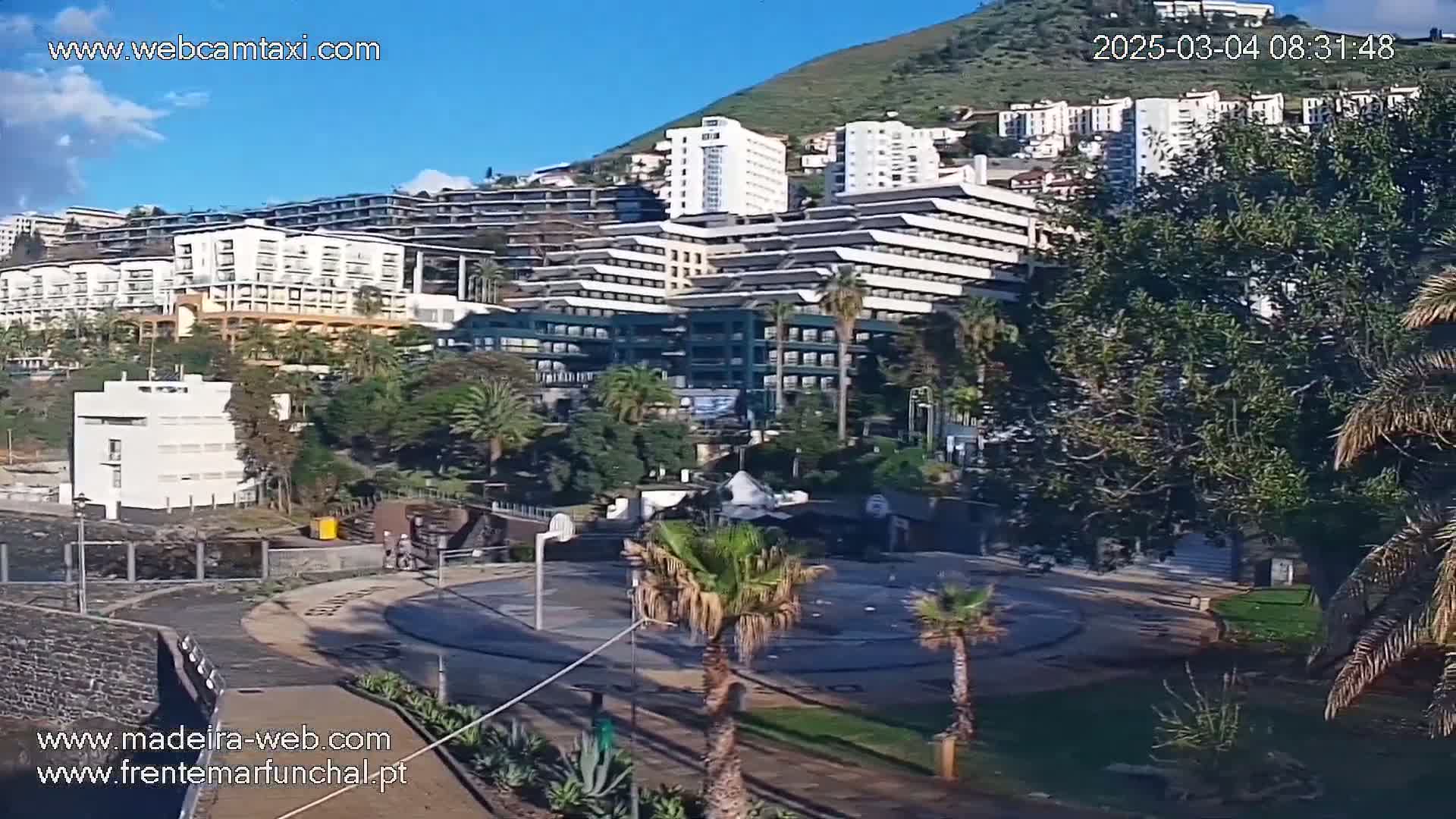 A sunny outdoor view of a coastal town with multi-story buildings, palm trees, a basketball court, and a mountain in the background.