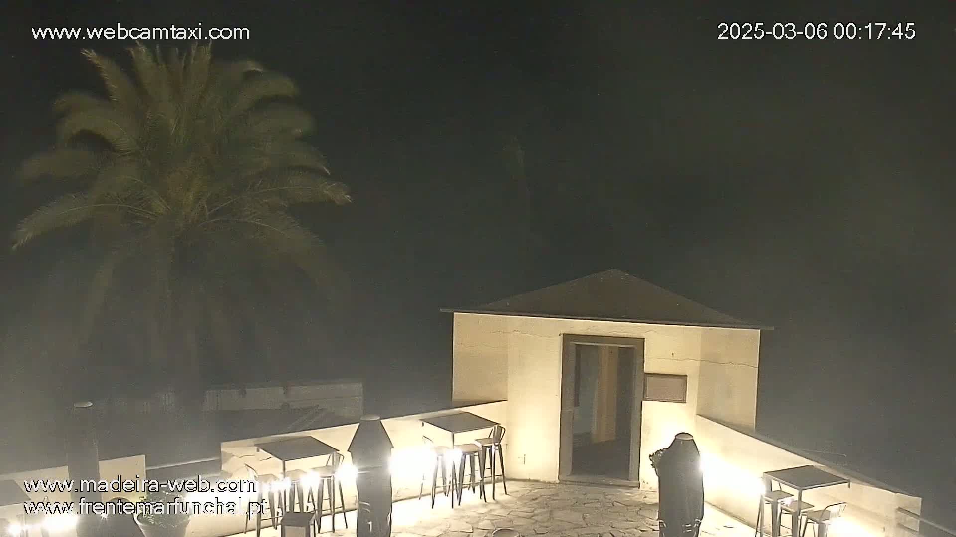 A nighttime outdoor scene shows a small, light-colored building with a patio furnished with small tables and stools, a palm tree, and a person in dark clothing near the building.