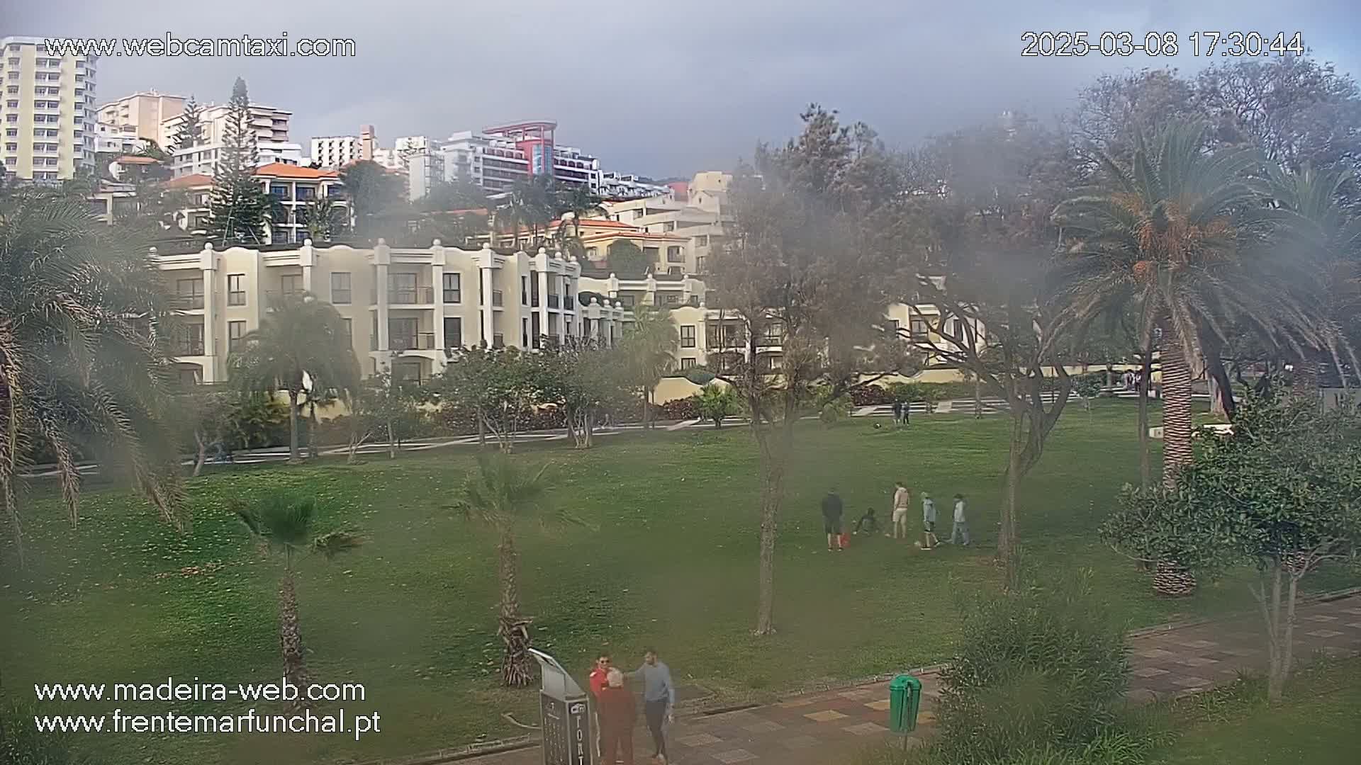 A hazy, overcast day reveals a grassy park with several people walking, bordered by a multi-story building complex and palm trees.