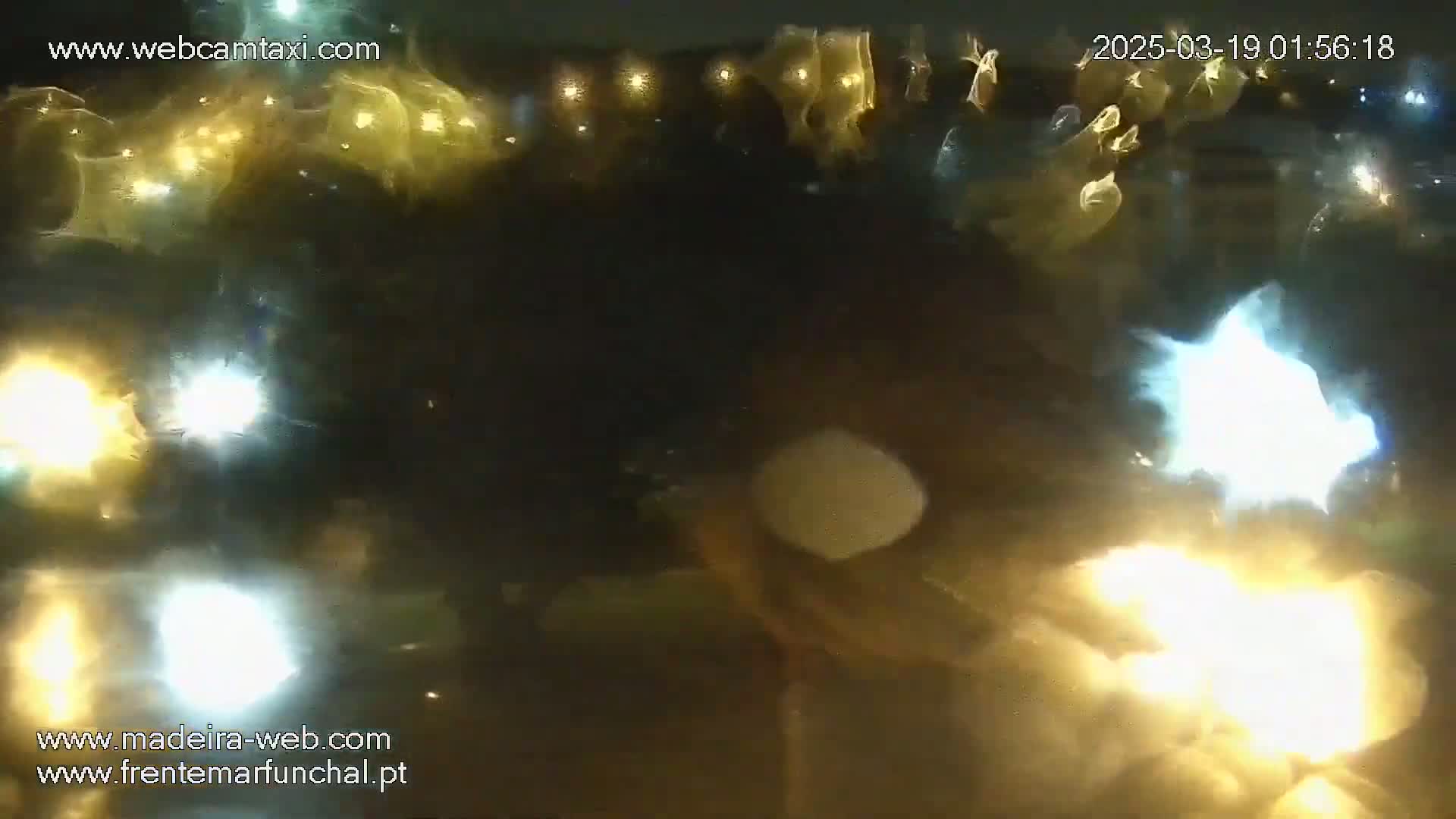 A blurry nighttime image shows bright, multicolored lights reflecting on a wet surface.