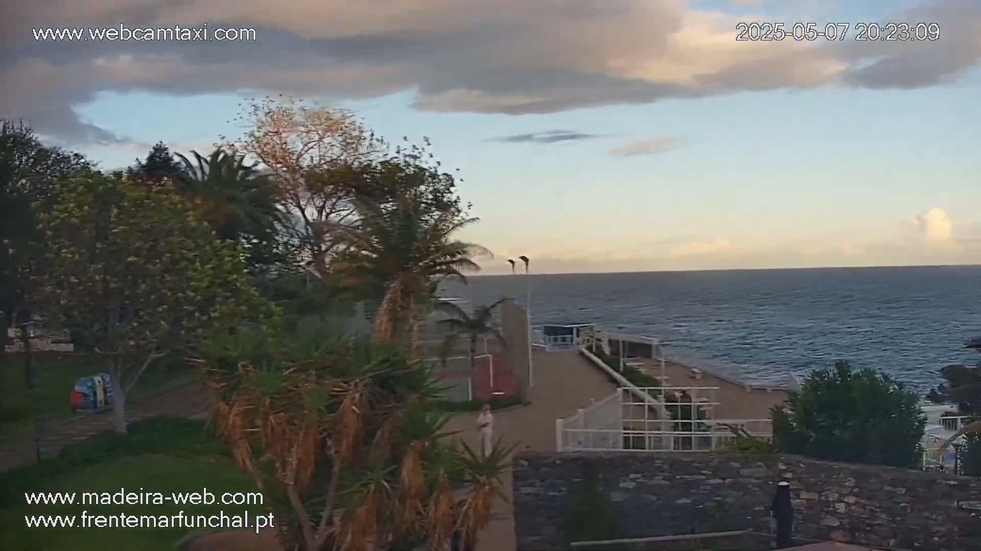 A partly cloudy evening scene shows a coastal area with palm trees, a walkway overlooking a calm ocean.