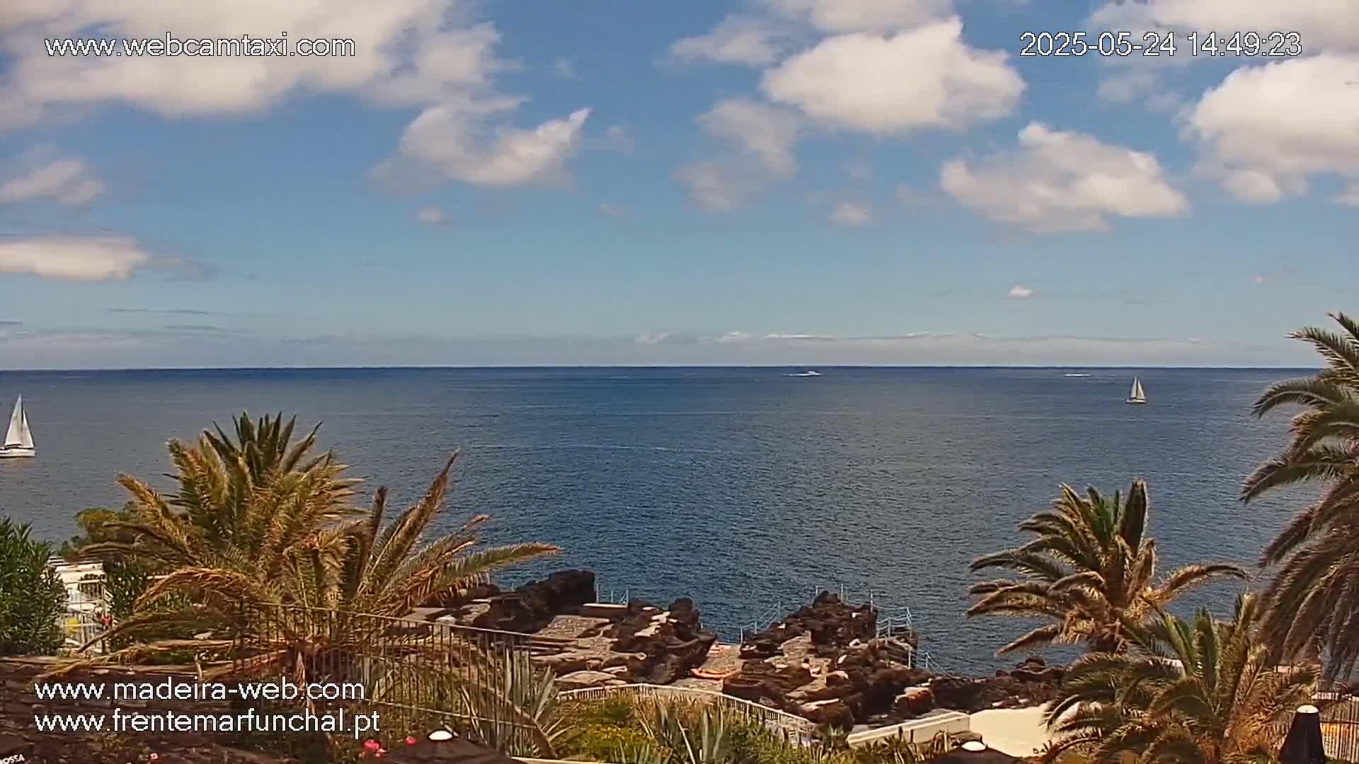 A partly cloudy day overlooks a calm ocean with a few sailboats in the distance, palm trees in the foreground near a rocky shoreline.