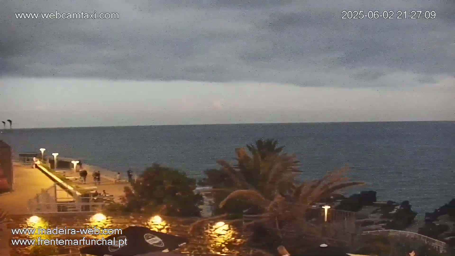 A nighttime seaside scene under a mostly cloudy sky shows a calm ocean, a paved walkway with a few people, and palm trees along a rocky shore with some lights.