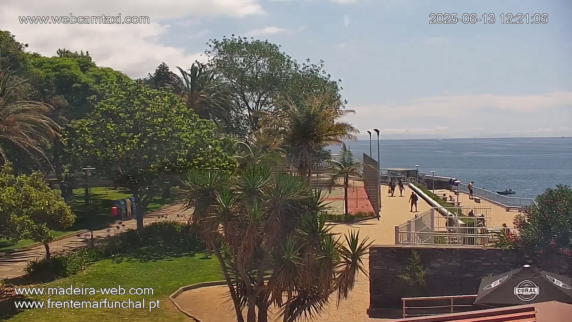 A seaside park with palm trees, a basketball court, and a walkway overlooking a calm ocean under a partly cloudy sky.