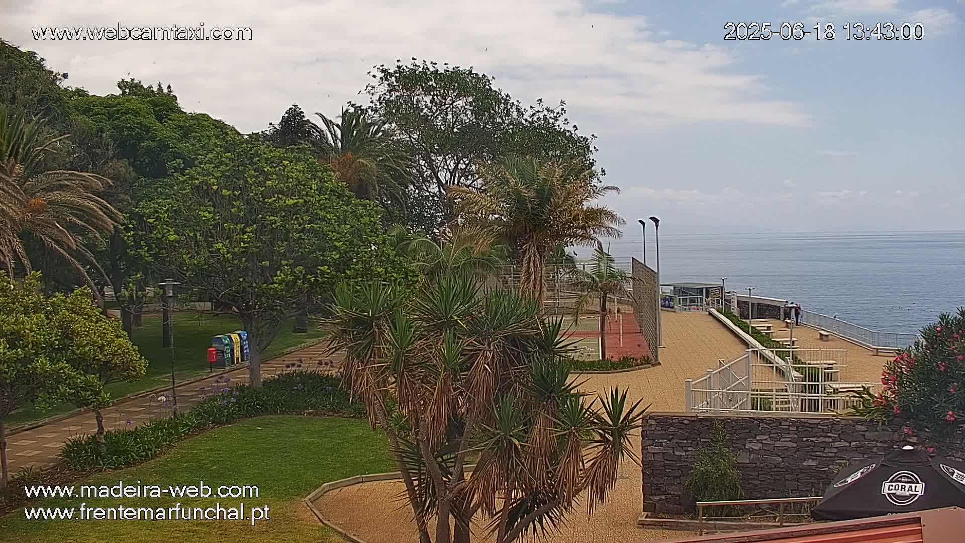 A partly cloudy day overlooks a park with palm trees, a paved area with picnic tables near a stone wall, and a basketball court next to a calm ocean.