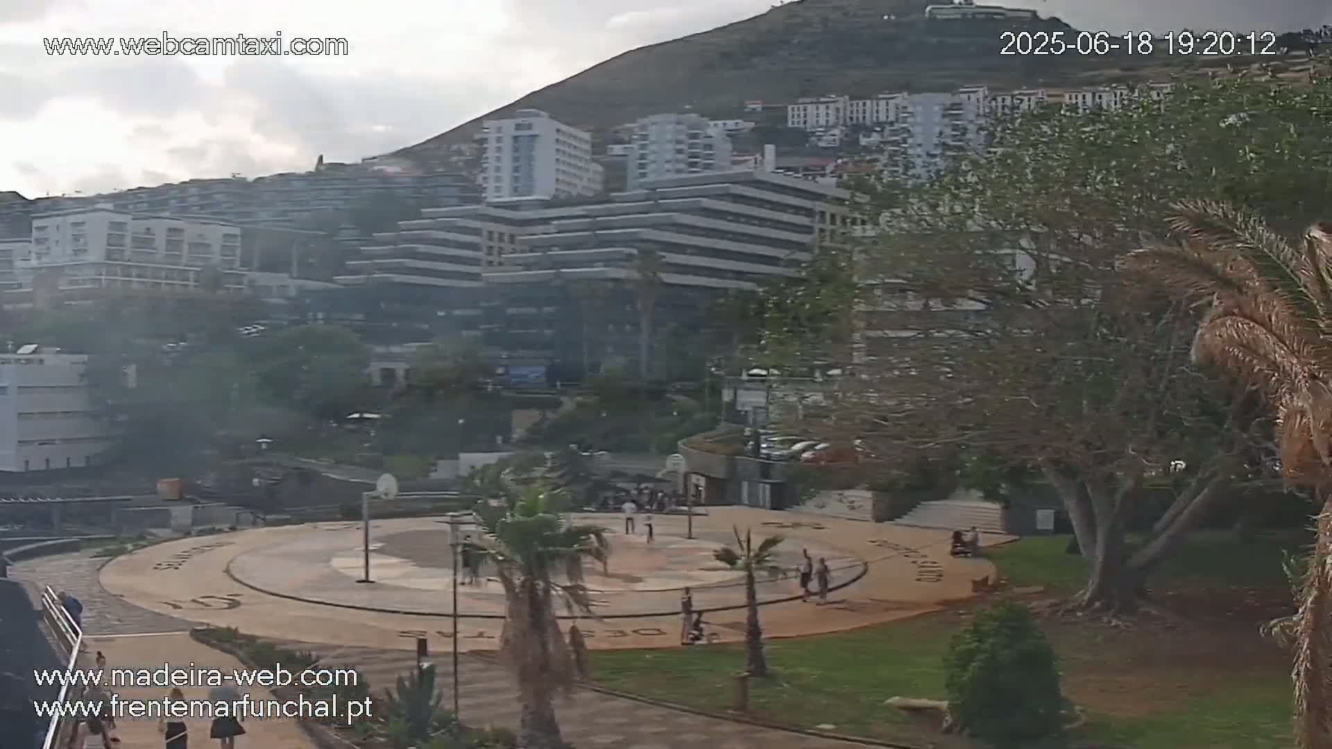 An overcast day reveals a city scene with multi-story buildings nestled against a hillside, a paved plaza with people and palm trees in the foreground.