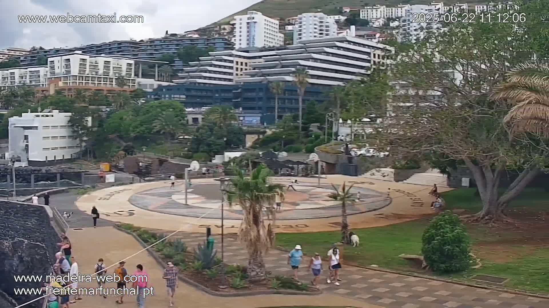 A paved plaza with a circular design, surrounded by buildings, palm trees, and people, under an overcast sky.