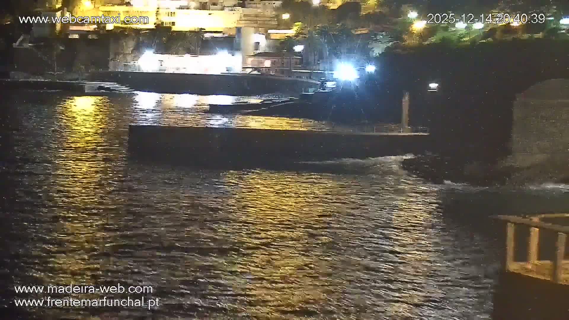 A modern coastal city, built into a lush green hillside dotted with multi-story buildings and palm trees, overlooks a dark, calm body of water with a white building on its shore and a patterned circular plaza in the foreground, all under an overcast sky.