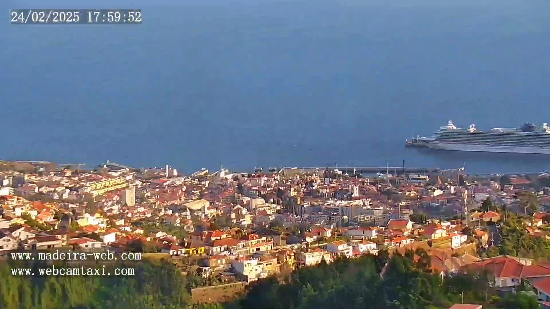 A coastal town with red-roofed buildings sits on a hillside overlooking a calm ocean where a large cruise ship is docked.