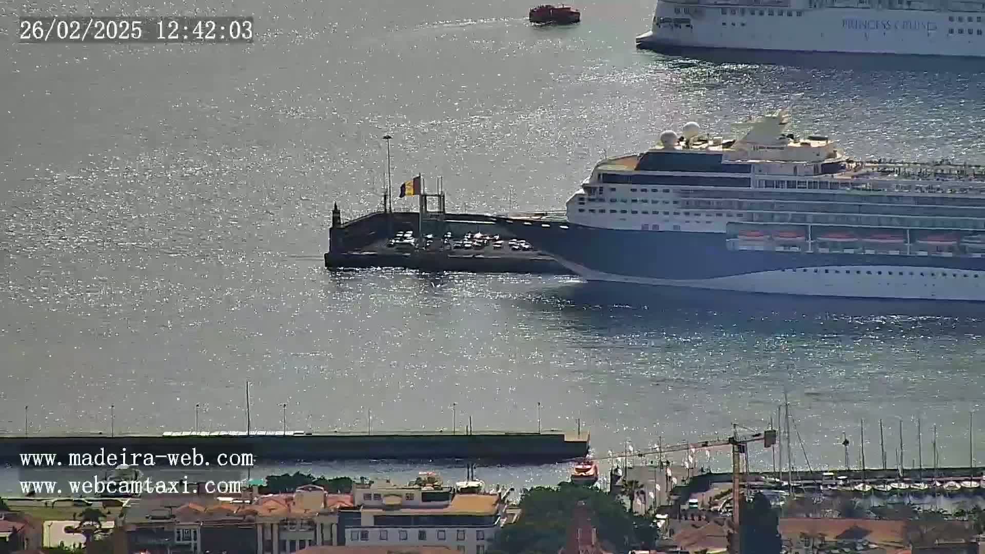 A large cruise ship is docked at a pier, with another cruise ship visible further out in the calm, sunlit water.