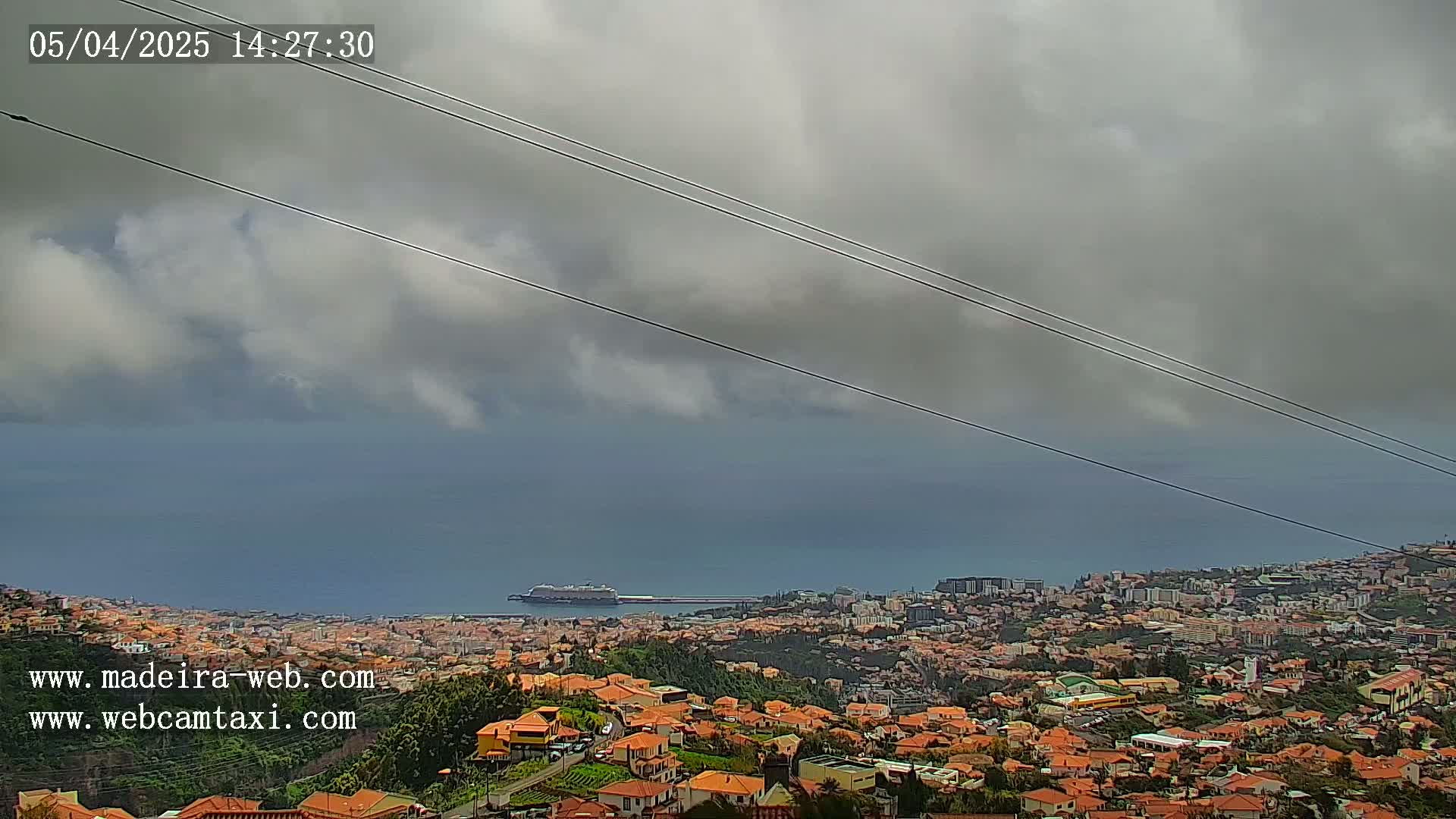 An overcast sky hangs over a coastal town with orange-roofed houses that slope down to a calm ocean where a cruise ship is visible in the distance.