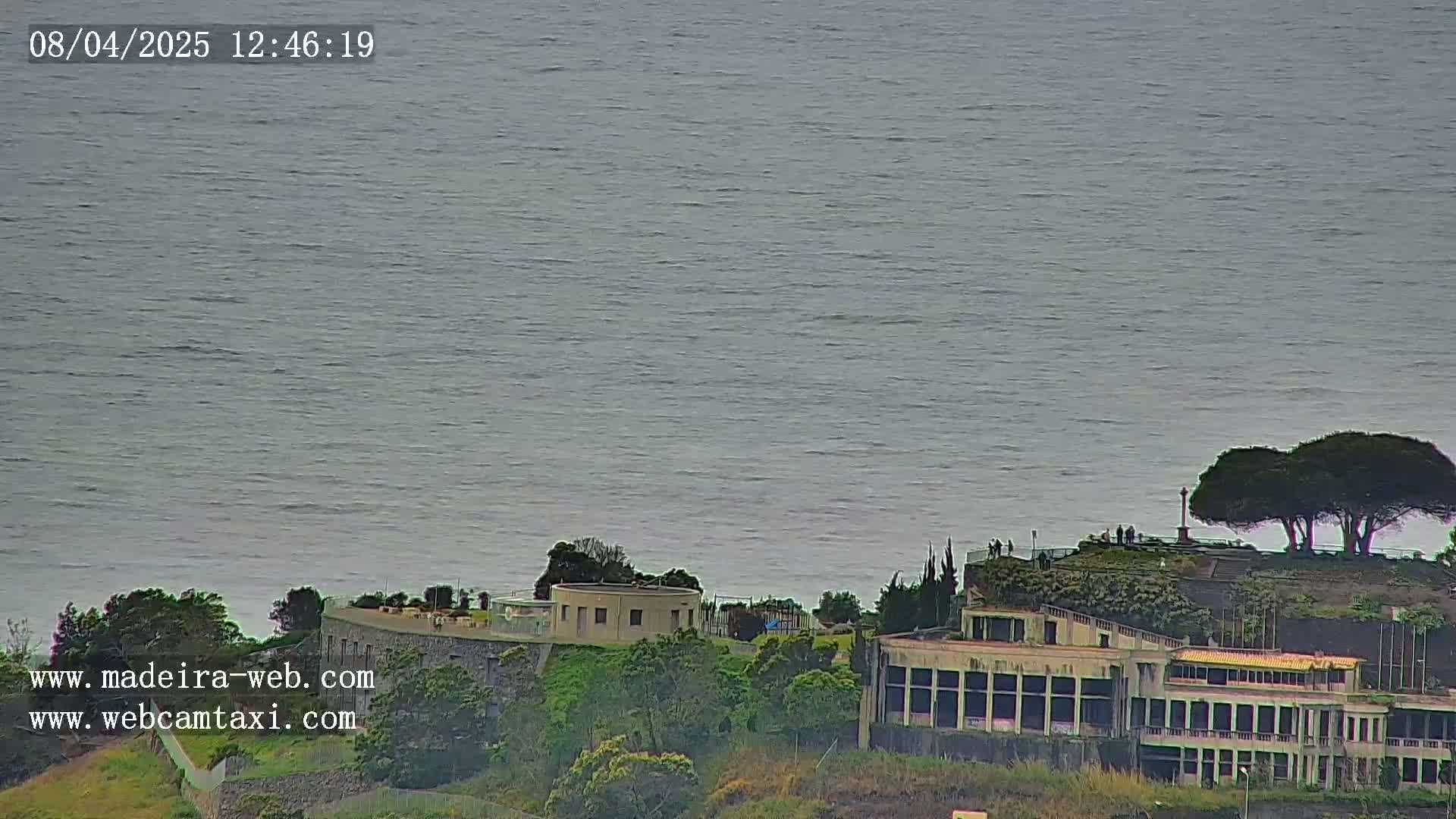 A calm, gray ocean stretches to the horizon, overlooking a coastal area with buildings and a few tall trees atop a hill.