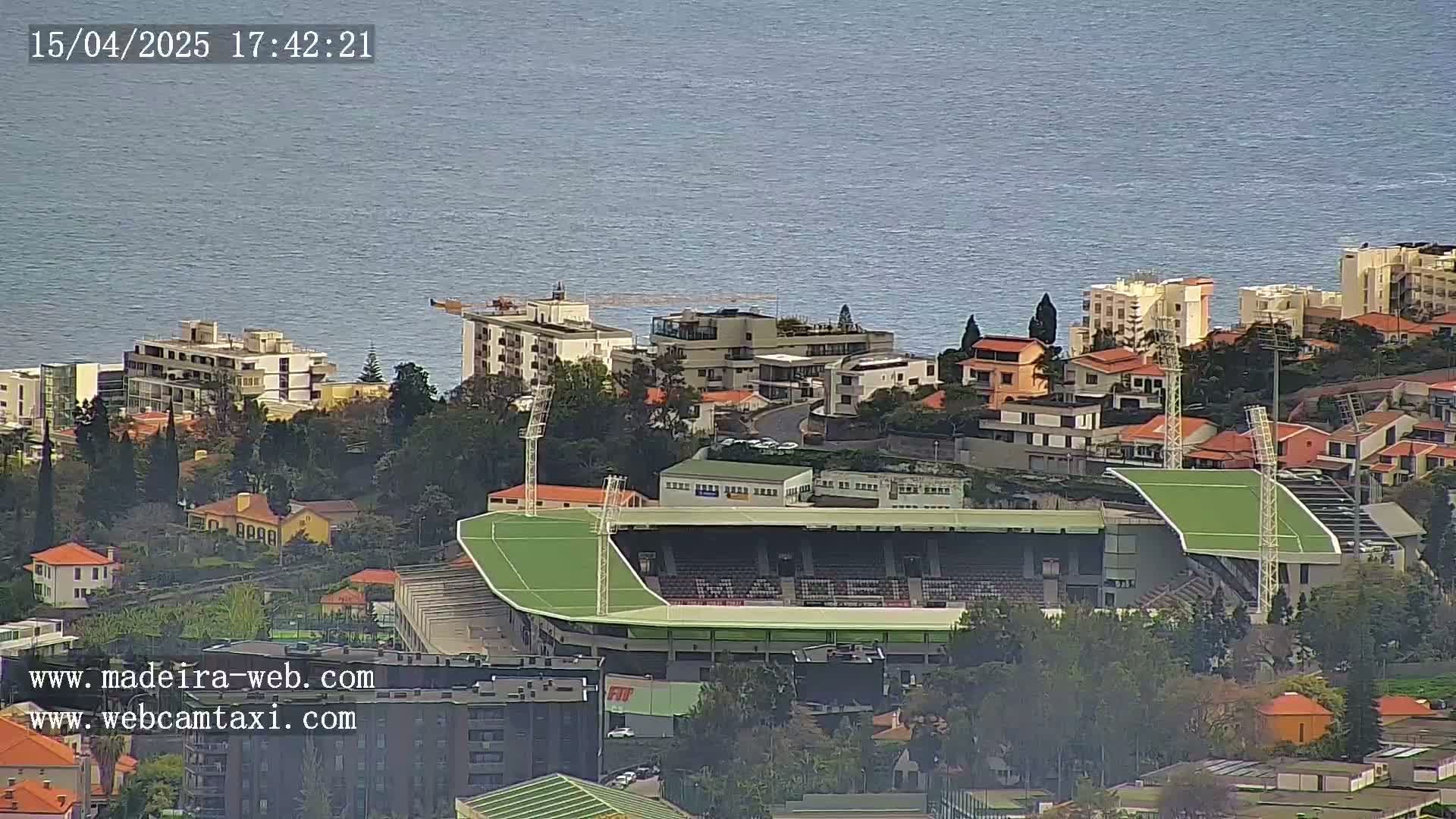 A green sports field surrounded by buildings sits on a hillside overlooking a calm ocean under a clear sky.