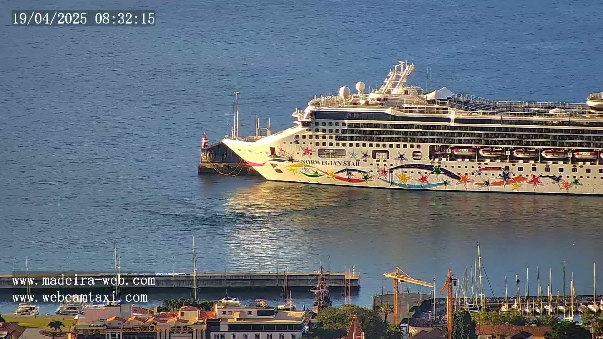 A large cruise ship is docked at a harbor on a calm, sunny day, with smaller boats and a waterfront town visible in the background.
