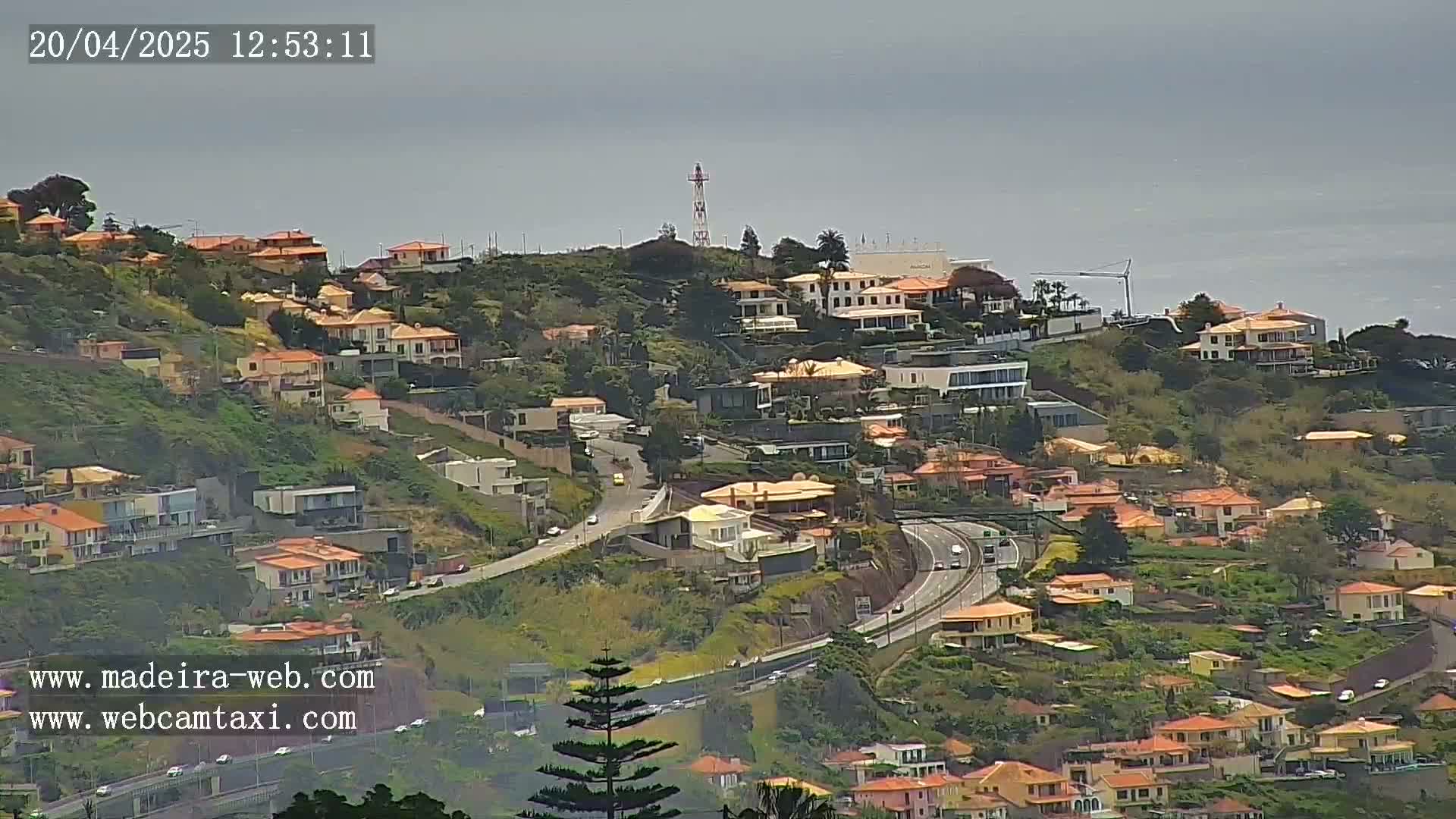 A hillside residential area with numerous houses, a highway curving through it, and a distant ocean under an overcast sky.