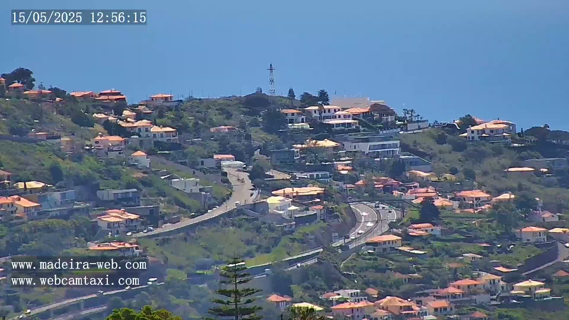 A hillside town with many houses and a road curves down towards the ocean under a clear blue sky.