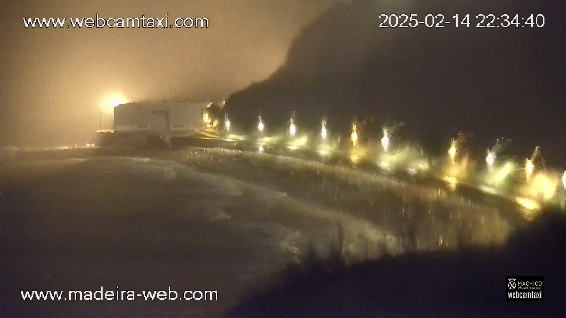 A nighttime, foggy view shows a building and a roadway lit by lamps, with waves crashing near the shore.