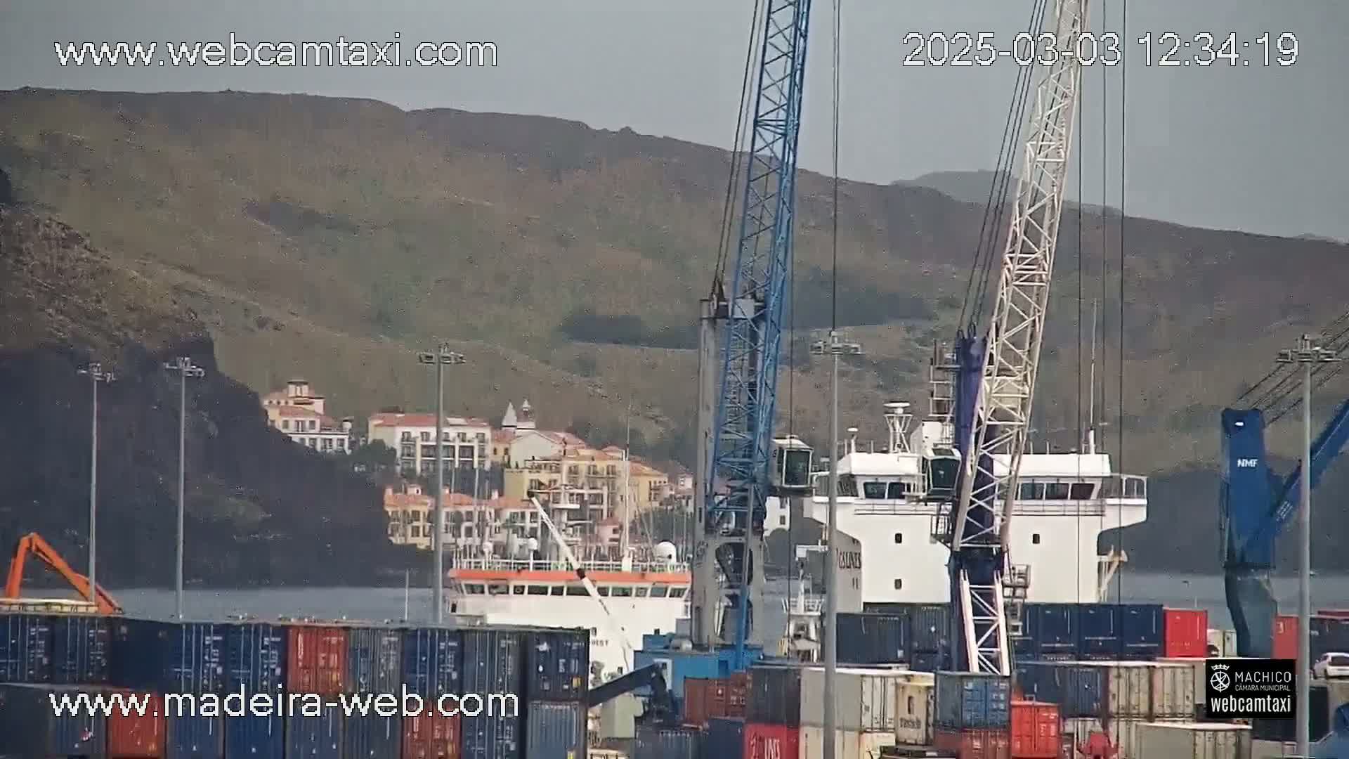 A cargo ship is docked at a port, with cranes and containers visible, under an overcast sky against a backdrop of a hill with buildings.
