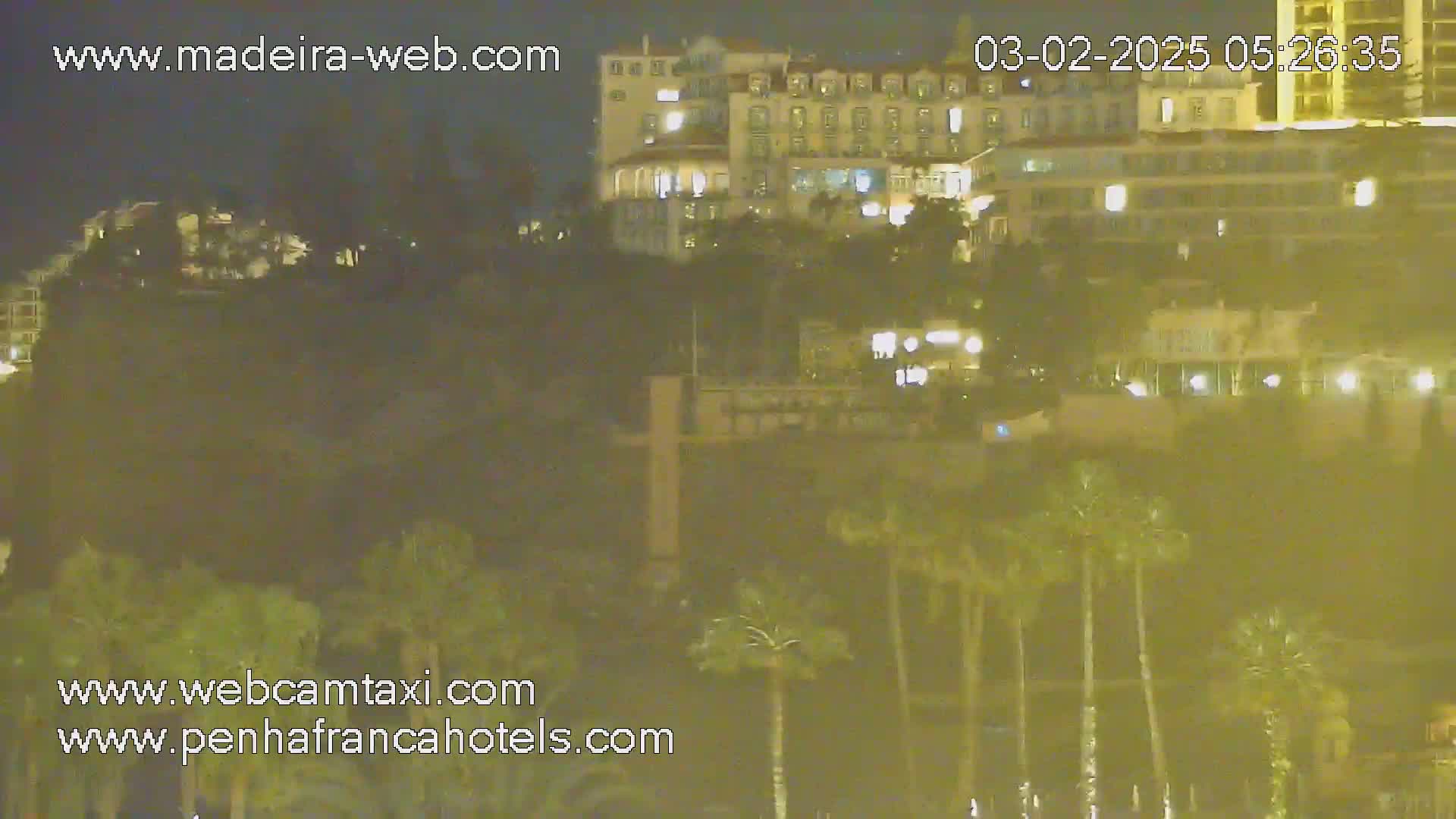 A nighttime, dimly lit view of a hillside with palm trees in the foreground and buildings, including a large hotel, situated on the higher ground.