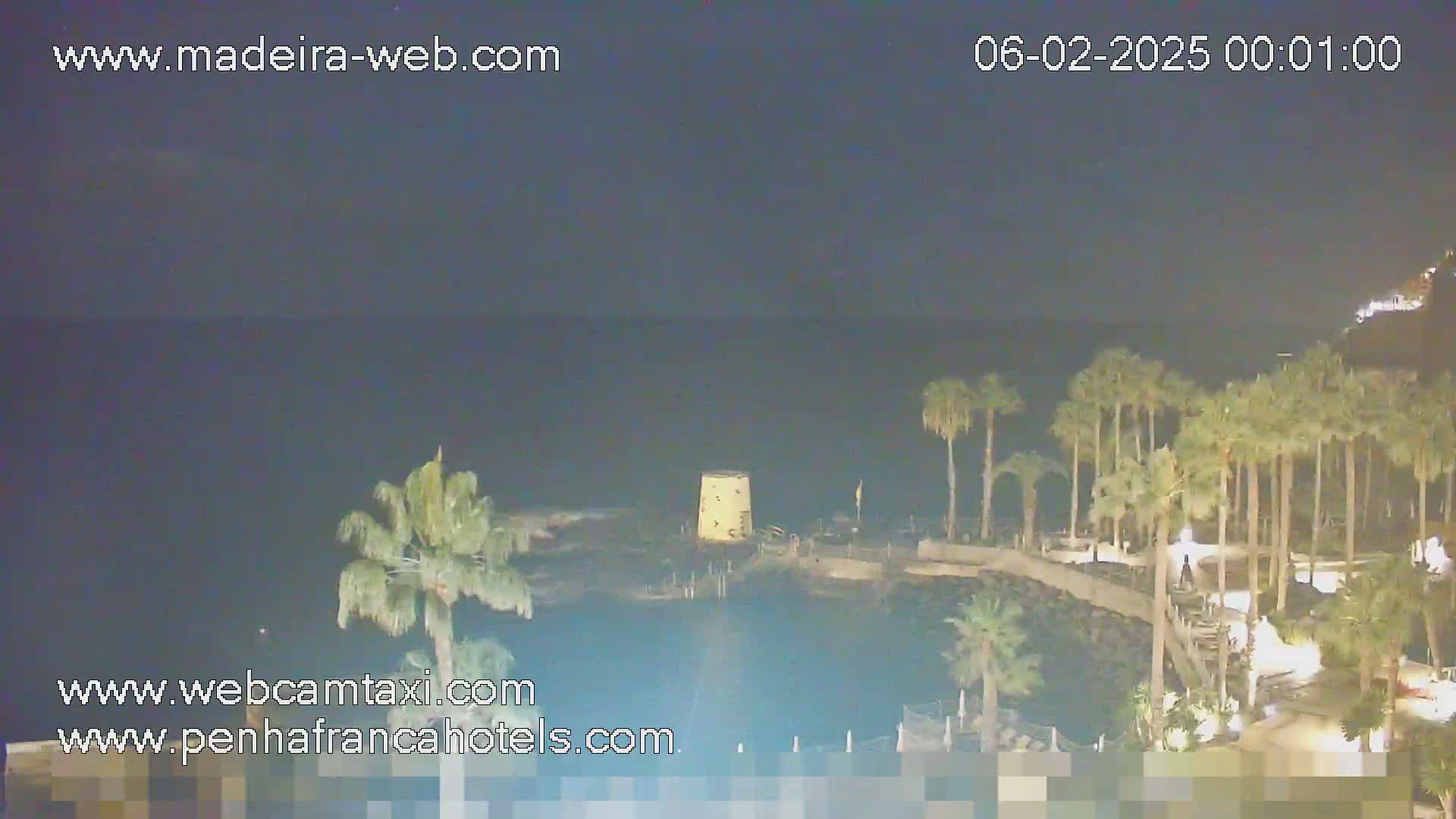 A nighttime seaside scene shows a calm ocean under a dark sky, palm trees lining a walkway near a small tower, and a few lights illuminating the area.