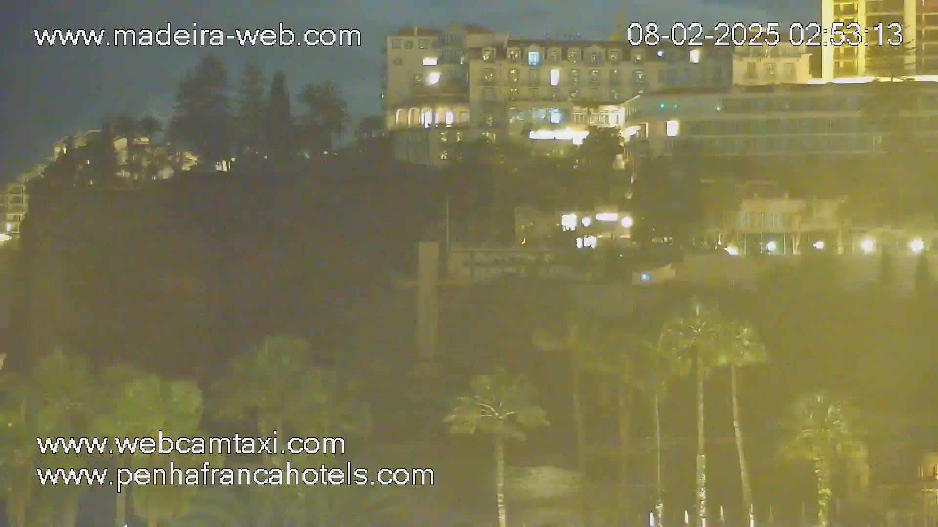 A nighttime view of a hilltop hotel and surrounding palm trees under a clear, dark sky.